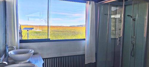 a bathroom with a view of a field from a window at Titicaca Halso Lodge in Puno
