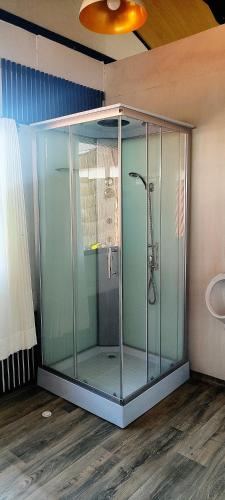 a glass shower in a bathroom with a ceiling at Titicaca Halso Lodge in Puno