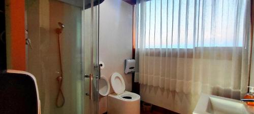 a bathroom with a toilet and a sink and a shower at Titicaca Halso Lodge in Puno