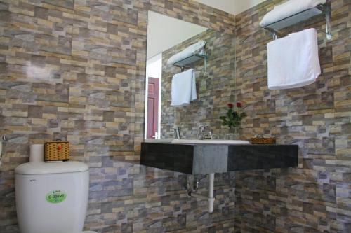 a bathroom with a sink and a toilet and a mirror at Countryside Garden Homestay in Hoi An