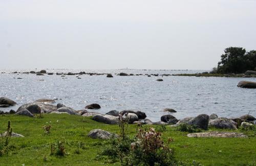 a large body of water with rocks and grass at Bodelssons by the Sea in Tosteberga