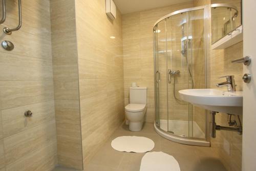 a bathroom with a shower and a toilet and a sink at New Belgrade Apartments Magnetic, parking 5 evra dan in Belgrade
