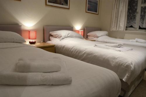 two white beds in a room with two lamps at Ava House Bed and Breakfast in Bicester