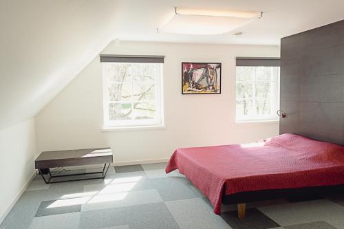 um quarto com uma cama vermelha e 2 janelas em Viitina vesiveski em Rõuge