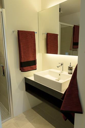 a bathroom with a sink and a mirror at Viitina vesiveski in Rõuge