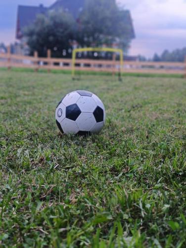 a soccer ball sitting on the grass in a field at Cicha Woda 300 m od Gorący Potok i Termy Szaflary in Szaflary