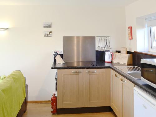 a kitchen with a counter top with a stove top at Primrose Cottage in Winterborne Steepleton