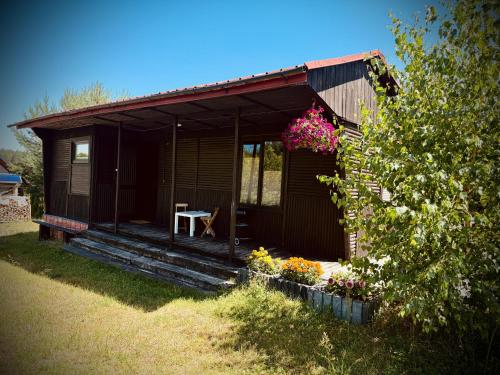 a small cabin with a table and flowers on the porch at Zielone Roztocze in Susiec