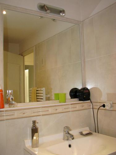 une salle de bain avec un lavabo et un grand miroir dans l'établissement Appartamento Sole, à Nice