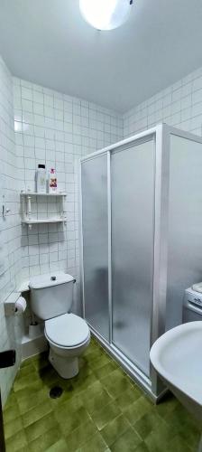 a bathroom with a shower and a toilet and a sink at Apartamento céntrico Quintocielo2025 in Cedeira