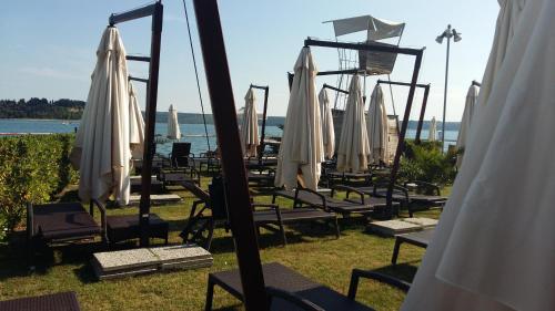 un gruppo di sedie a sdraio con ombrelloni sull'erba di Maya a Portoroz