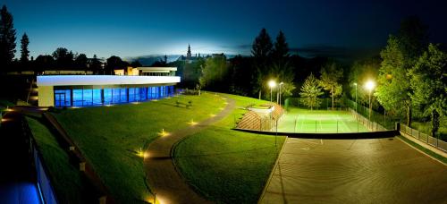 a building at night with a green lawn and lights at Hotel Veba in Broumov