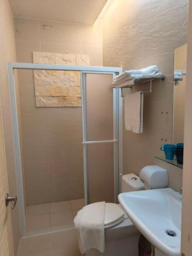a bathroom with a shower and a toilet and a sink at Good 9 Stay Inn in Taipei