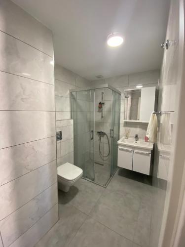 a bathroom with a shower and a toilet and a sink at Kaptan Villas in Çeşme