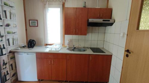 a small kitchen with a sink and a window at Amber Coast domek nr 2 in Jantar