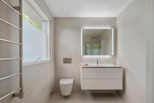 a bathroom with a sink and a toilet and a mirror at Villa Österlen på Viks fiskeläge in Simrishamn