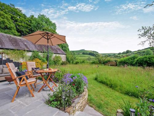 un patio avec un parasol, une table et des chaises dans l'établissement Willow Tit Cottage, à Capel-Cynon