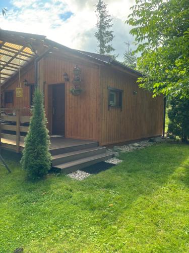 a small wooden cabin with a porch and a yard at Zacisze u Ani in Siemiany