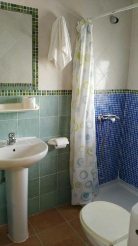 a bathroom with a sink and a toilet and a shower at Hostal las Parcelas in Conil de la Frontera