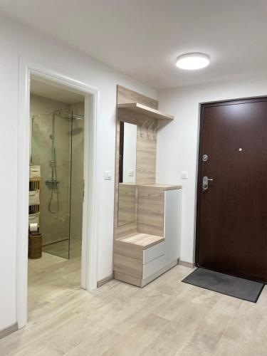 BunaにあるApartman Lumenのシャワーとガラスのドアが付いたバスルーム