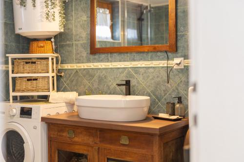a bathroom with a sink and a washing machine at Old house Rustica with pool, jacuzzi and tavern - Valincic in Brinje