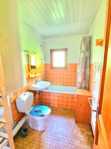 une salle de bain avec toilettes, lavabo et baignoire dans l'établissement Appartement chalet avec chambre et terrasse, à Gérardmer