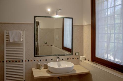 a bathroom with a sink and a large mirror at Agriturismo Il Bagolaro in Nerola