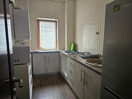 une cuisine avec un comptoir, un évier et une fenêtre dans l'établissement Casa Yna, à Buşteni