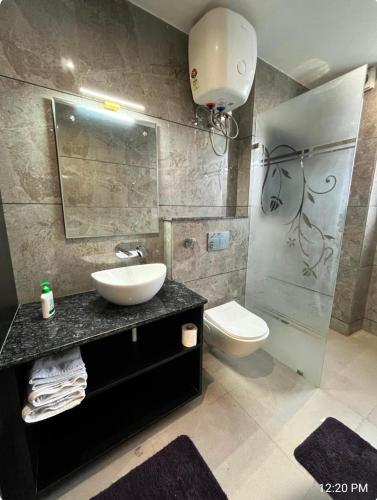 a bathroom with a sink and a toilet and a shower at Khas Mahal Homestay in Agra