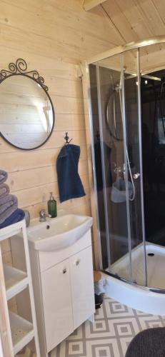 a bathroom with a shower and a sink and a mirror at Szary Domek Mikołajki in Mikołajki