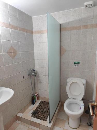 a bathroom with a shower with a toilet and a sink at Beach View in Kaloi Limenes