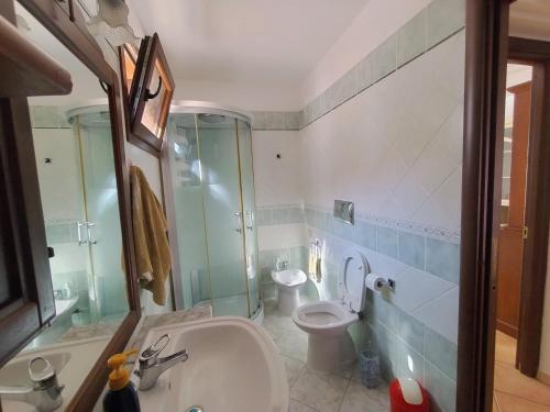 a bathroom with a shower and a toilet and a sink at Villa Sonia in Maddalenedda