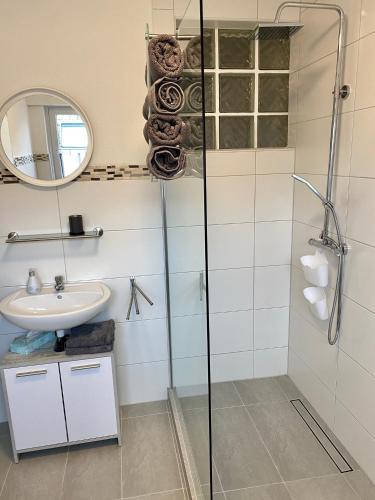 a bathroom with a shower and a sink at Ferienwohnung Gisela in Ascheberg