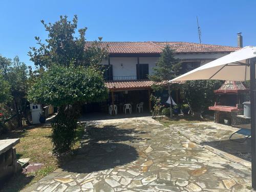 a house with a tree and a stone patio at Erifyli in Nea Kallikrateia