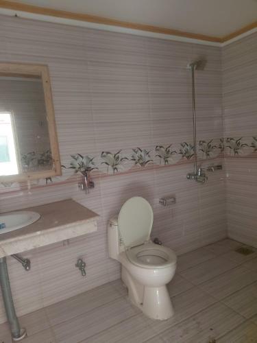 a bathroom with a toilet and a sink and a mirror at Executive Heights Apartments in Bhurban