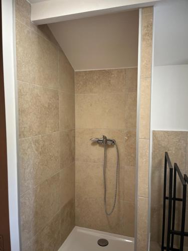 une douche avec pommeau de douche dans une salle de bain dans l'établissement Villa L Oasis avec piscine, aux Angles (Gard)