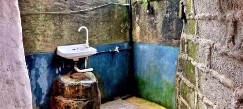 カタラガマにあるYala Jungle humbhaha hostelのバスルーム(木の切り株の上にシンク付)