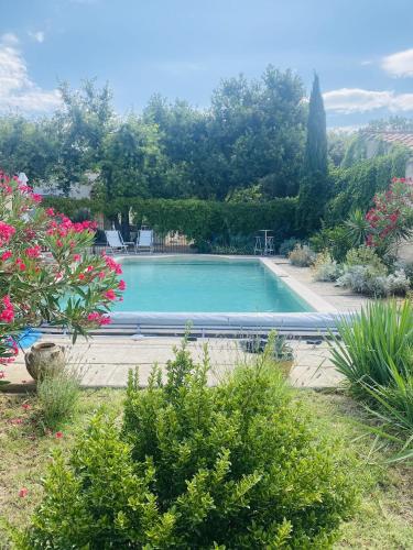 une grande piscine dans un jardin fleuri dans l'établissement Villa Les Chênes, à Mirabel-aux-Baronnies
