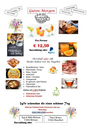 a flyer for a restaurant with food and drinks at Casa Rehman in Ratzeburg