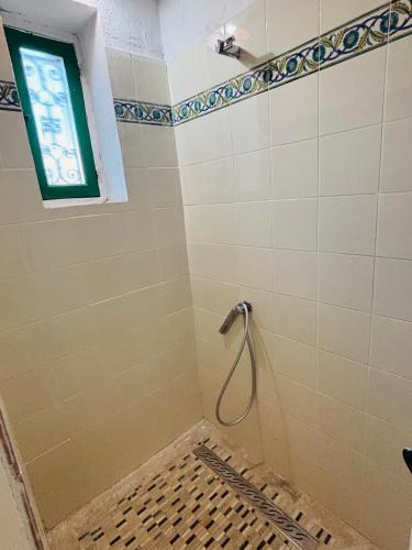 a shower in a bathroom with a window at Maison dhotes haroun in Triffa