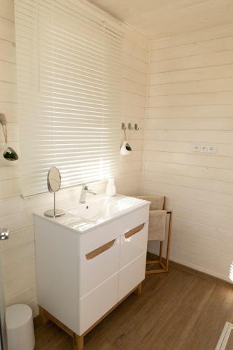 a white bathroom with a sink and a mirror at Houseboat Daisy in Prague