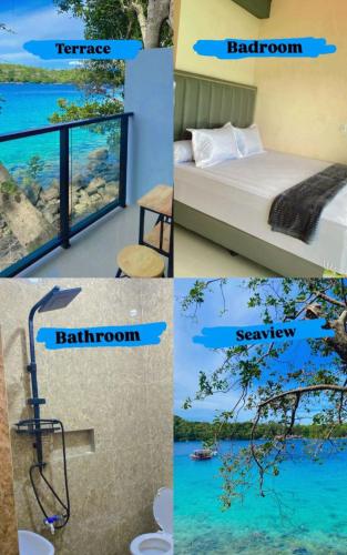 a collage of four pictures of a room with a bed and a bathroom at Diara Bungalow in Iboih