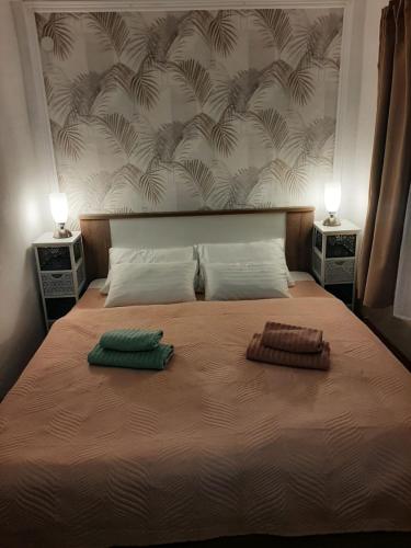 a bedroom with a large bed with two pillows on it at Apartment JB2 Grmovine in Risika