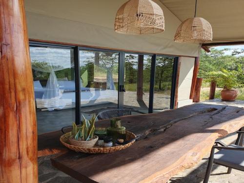 a room with a table with plants and windows at Masorini Bush Lodge & Safari Tents in Phalaborwa