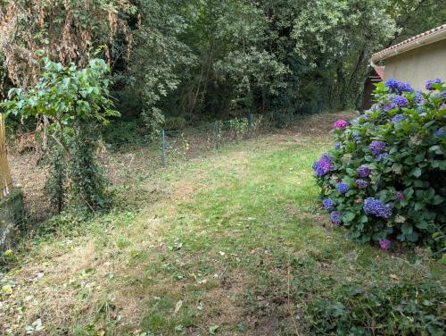a garden with purple flowers next to a fence at Détente et calme proche bassin in Mios