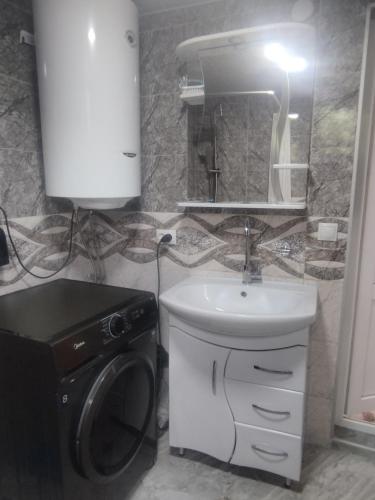 a bathroom with a sink and a washing machine at Hotel Family Bachi in Adishi
