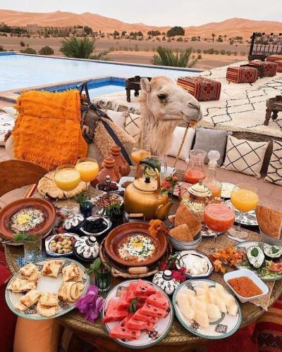 a table full of food with a camel in the background at Sahara Elegance Camp in Merzouga