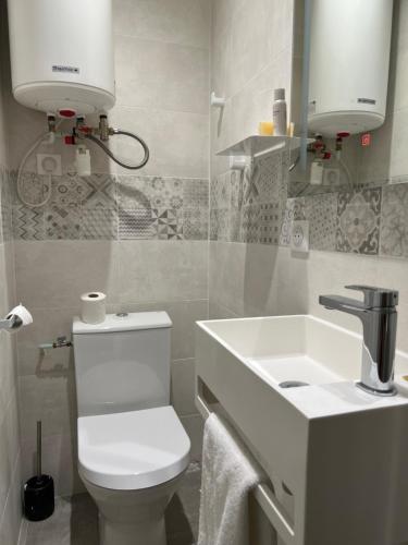 une salle de bain avec des toilettes blanches et un lavabo dans l'établissement Joli studio récent sur jardin, très calme, à Colombes