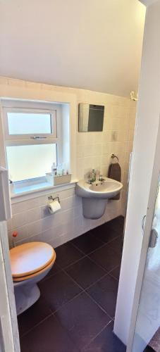 a bathroom with a toilet and a sink at Quiet Street's Flat with free Parking near Town Centre in Largs
