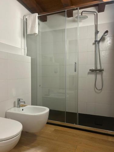 a bathroom with a shower and a toilet and a sink at Albergo Palazzo Costa in Beverino